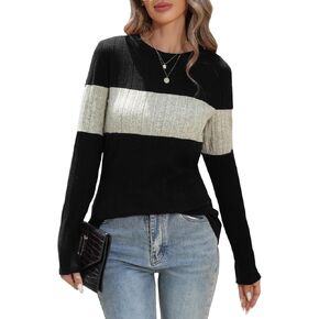 Women Long Sleeve Blouses Colorblock Pullover Sweaters Round Neck Striped Slim Fit Tops