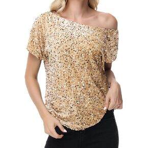 Anna-Kaci Women's Sequin One Shoulder Short Sleeve Top Party Club Sparkle Glitter Concert Tunic Blouse