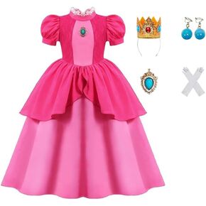 Princess Peach Cosplay Costume Girls Princess Peach Dress Kids Outfit Crown Earrings Gloves for Halloween