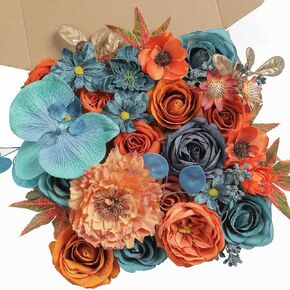Artificial Flowers Roses Fake Flowers with Stems White Dahlia Artificial Flowers for DIY Bridal Bouquets Faux Flowers Centerpieces for Table Home Decor (Blue&Pink)