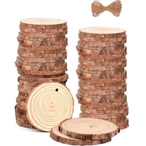Wood Slices 54 Pcs 2.8-3.1 Inches,Wood Slices for Crafts with Hole,Small Wood Cookies,Natural Wood Slices for DIY Rustic Candle Holders/Wedding/Christmas. ﻿