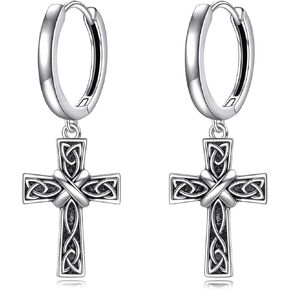 Celtic Cross Hoop Earrings for Men Women Sterling Silver Irish Cross Jewelry for Men Boyfriend Women