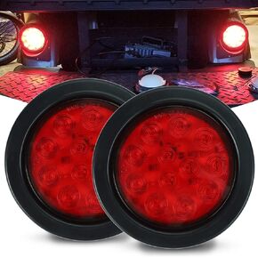 2Pcs 4" Round Red LED Trailer Tail Lights, Grommet Plug 12 LED Waterproof Stop Turn Signal Stop Brake Trailer Lights for Tractor Truck Bus Lorries Jeep RV