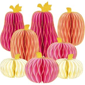 8PCS Paper Pumpkin Decorations Pumpkin Honeycomb Centerpiece Pinkish Purple Tissue Paper Honeycomb Tabletop with Glitter Pumpkin Fall Party Supplies for Baby Shower Girl Birthday Party Supplies