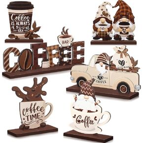 Blosssound 6 Pcs Coffee Bar Decor Sign Coffee Bar Accessories Farmhouse Coffee Gnomes Rustic Coffee Table Centerpiece Wood Coffee Tiered Tray Decor Table Signs for Coffee Station Home Kitchen Ornament