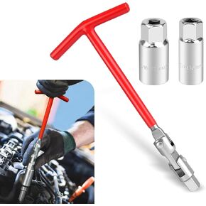 3 PCS Car Spark Plug Socket Wrench, 3/8" Interface Drive T-type Easy Grip Carbon Steel Rubber Handle 360 ​​Degree Universal Head Connector, 0.62" + 0.82" Hexagonal Socket Kit (Red & Silver)