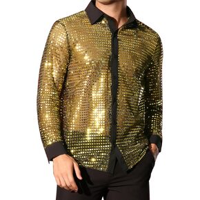 Lars Amadeus Halloween Sequin Shirts for Men's 70s Disco Mesh Metallic Sheer Party Shirts