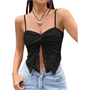 Women's Y2K Lace Spaghetti Strap Cami Top Casual Twist Front Sleeveless Slim Fit Crop Top Cropper Camisole Tank Top