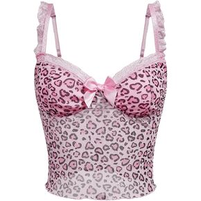 SOLY HUX Women's Leopard Print Lace Mesh Cami Tops Spaghetti Strap Y2k Corset Top