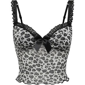 SOLY HUX Women's Leopard Print Lace Mesh Cami Tops Spaghetti Strap Y2k Corset Top