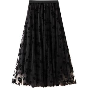 Floral Skirts for Women Midi Length High Waisted A Line Cute Fairy Pleated Layered Tulle Skirt