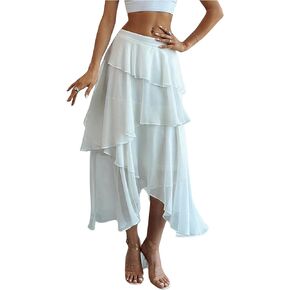 Women's High Waisted Cake Skirt Tiered Layered Ruffle Asymmetrical Skirt