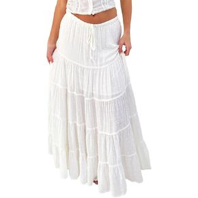 White Maxi Skirt for Women Casual Elastic Waist A-Line Pleated Summer Boho Beach Long Skirts…
