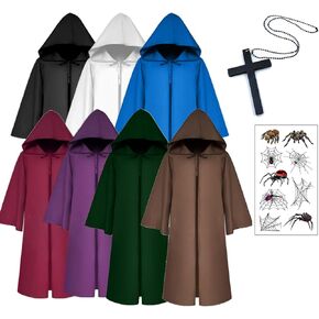 Hooded Cloak With Cross necklace Spider Sticker for Halloween Cosplay Costumes Men Women Medieval Renaissance Robe