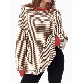 Tankaneo Womens Oversized Long Sleeve T Shirts Striped Color Block Cotton Tunic Tops Loose Fit Fall Crewneck Sweatshirt