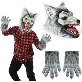 Halloween Horror Wolf Mask with Claws, Party Cosplay Costume Werewolf Mask, Scary Wolf Head Mask for Halloween Costumes (Wolf Mask with Gloves)