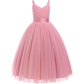 ODASDO Flower Girls Dress Spaghetti Strap V-Neck Tulle Princess Maxi Gown Kids Wedding Bridesamid Formal Dress