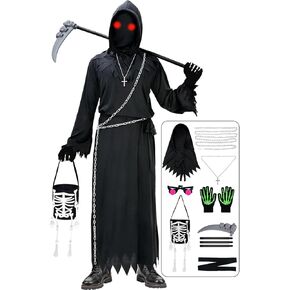 Invoibler Grim Reaper Costume, Scary Halloween Costume for Kids with Glowing Red Eyes Scythe Glove Trick or Treat Bag