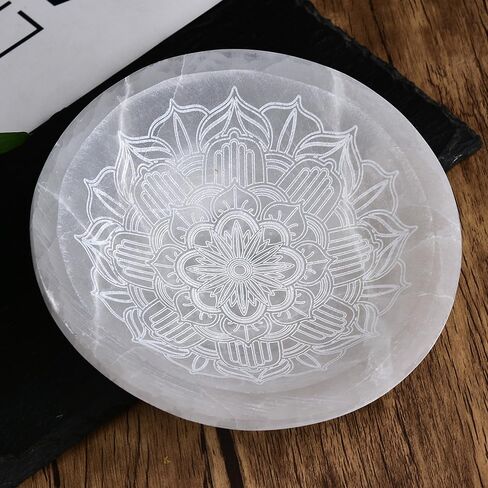 JIC Gem Etched Selenite Bowl Moroccan Selenite Healing Crystal Charging Plate Round Engraved Mandala 4 Inch in Saudi Arabia