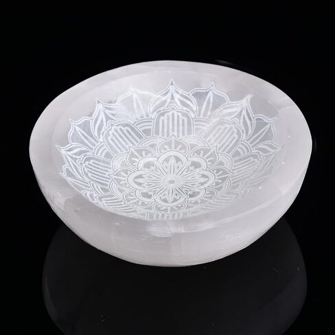JIC Gem Etched Selenite Bowl Moroccan Selenite Healing Crystal Charging Plate Round Engraved Mandala 4 Inch in Saudi Arabia