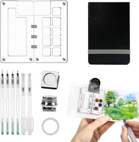 Portable Paint Kit Mini Magnetic Acrylic Box 15-Well Empty Watercolor Palette,Tiny Travel Paint Case with Clip and Oil Pot,Small Watercolor Paper Sketchbook Artist Paint Brushes in Saudi Arabia
