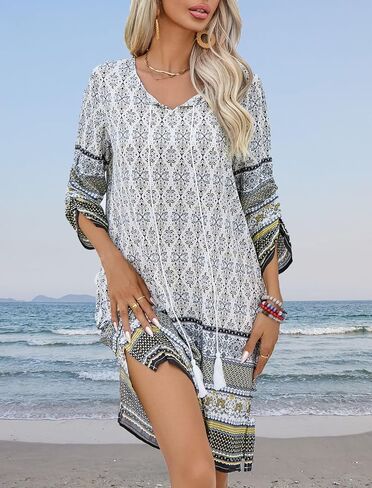 HOTOUCH Women Casual Beach Summer Dress Boho Tassel Tie Neck 3/4 Long Sleeve Short Floral Print Flowy Cover Up Sundresses in Saudi Arabia