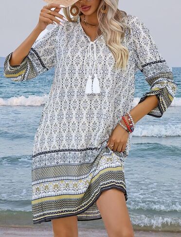HOTOUCH Women Casual Beach Summer Dress Boho Tassel Tie Neck 3/4 Long Sleeve Short Floral Print Flowy Cover Up Sundresses in Saudi Arabia