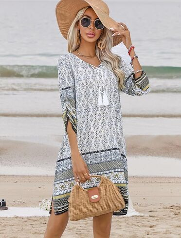HOTOUCH Women Casual Beach Summer Dress Boho Tassel Tie Neck 3/4 Long Sleeve Short Floral Print Flowy Cover Up Sundresses in Saudi Arabia
