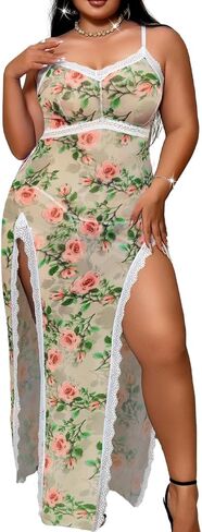 Plus Size Lingerie, Sheer Mesh Floral, Fit 1XL-4XL, For Curvy Women Sexy Dress Nightgowns Chemises Negligees in Saudi Arabia