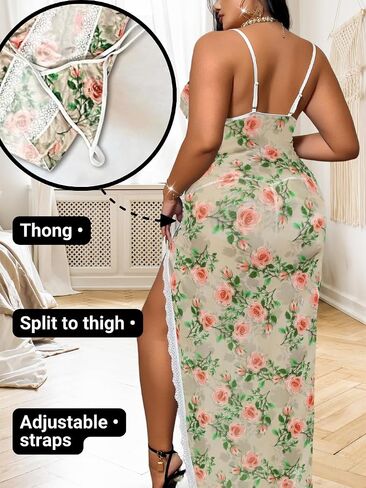 Plus Size Lingerie, Sheer Mesh Floral, Fit 1XL-4XL, For Curvy Women Sexy Dress Nightgowns Chemises Negligees in Saudi Arabia