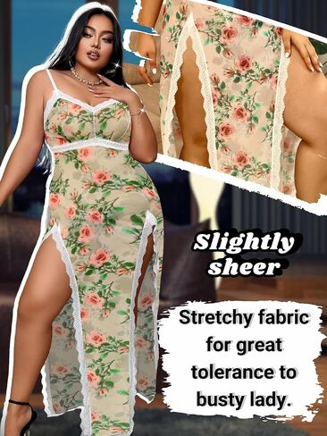 Plus Size Lingerie, Sheer Mesh Floral, Fit 1XL-4XL, For Curvy Women Sexy Dress Nightgowns Chemises Negligees in Saudi Arabia