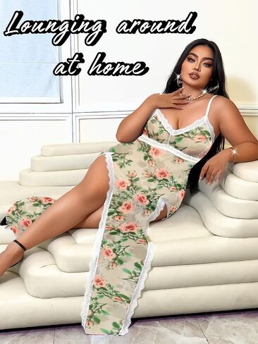 Plus Size Lingerie, Sheer Mesh Floral, Fit 1XL-4XL, For Curvy Women Sexy Dress Nightgowns Chemises Negligees in Saudi Arabia