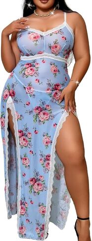 Plus Size Lingerie, Sheer Mesh Floral, Fit 1XL-4XL, For Curvy Women Sexy Dress Nightgowns Chemises Negligees in Saudi Arabia