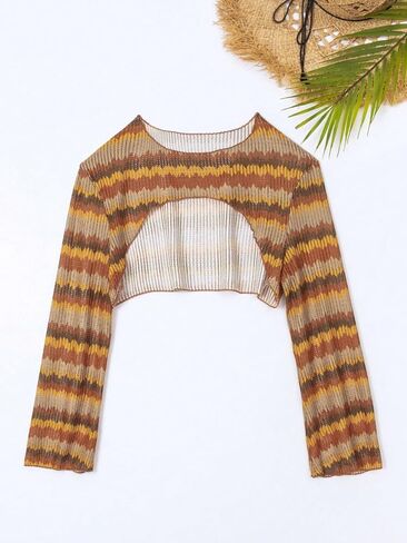 GORGLITTER Women's Color Block Flared Sleeve Bolero Shrug Textured Scoop Neck Sheer Cover Ups Top in Saudi Arabia