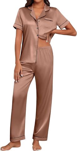 Ekouaer Womens Silk Pajama Sets Silky Short Sleeve Pjs 2 Piece Silk Button Down Pajamas Soft Satin Pj Pants Set in Saudi Arabia