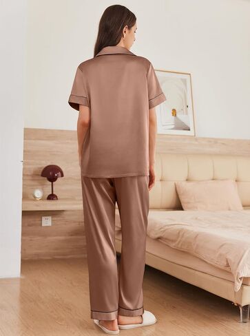 Ekouaer Womens Silk Pajama Sets Silky Short Sleeve Pjs 2 Piece Silk Button Down Pajamas Soft Satin Pj Pants Set in Saudi Arabia