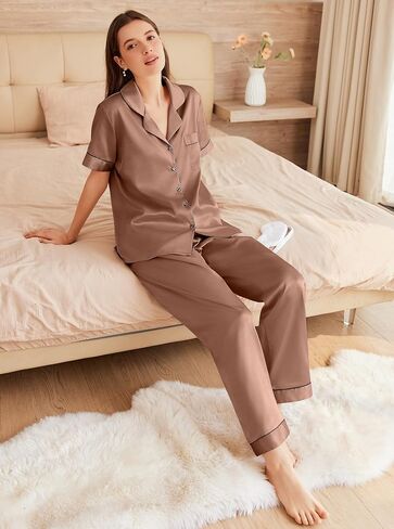Ekouaer Womens Silk Pajama Sets Silky Short Sleeve Pjs 2 Piece Silk Button Down Pajamas Soft Satin Pj Pants Set in Saudi Arabia