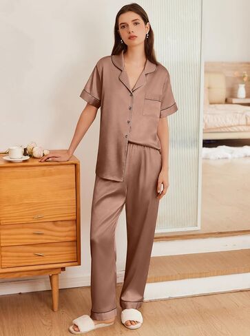 Ekouaer Womens Silk Pajama Sets Silky Short Sleeve Pjs 2 Piece Silk Button Down Pajamas Soft Satin Pj Pants Set in Saudi Arabia