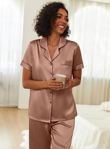 Ekouaer Womens Silk Pajama Sets Silky Short Sleeve Pjs 2 Piece Silk Button Down Pajamas Soft Satin Pj Pants Set in Saudi Arabia
