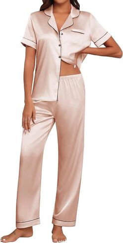 Ekouaer Womens Silk Pajama Sets Silky Short Sleeve Pjs 2 Piece Silk Button Down Pajamas Soft Satin Pj Pants Set in Saudi Arabia