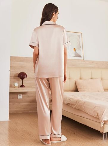 Ekouaer Womens Silk Pajama Sets Silky Short Sleeve Pjs 2 Piece Silk Button Down Pajamas Soft Satin Pj Pants Set in Saudi Arabia