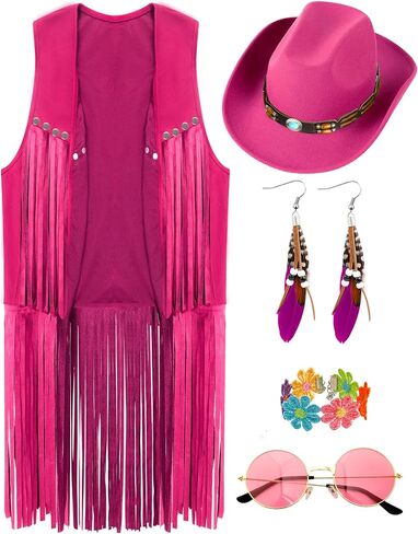 6 PCS Cowgirl Outfits Set for Women with Cowgirl Vest Cowboy Hat Turquoise Trim Bracelet Sunglasses for Halloween in Saudi Arabia