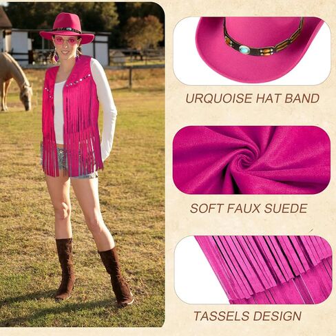 6 PCS Cowgirl Outfits Set for Women with Cowgirl Vest Cowboy Hat Turquoise Trim Bracelet Sunglasses for Halloween in Saudi Arabia