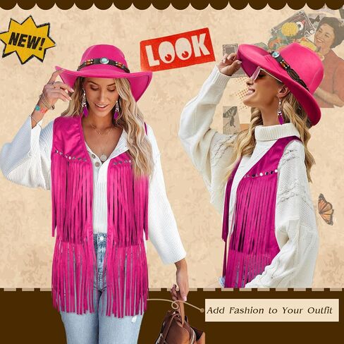 6 PCS Cowgirl Outfits Set for Women with Cowgirl Vest Cowboy Hat Turquoise Trim Bracelet Sunglasses for Halloween in Saudi Arabia