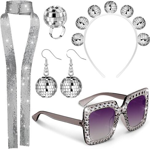5 Pcs 1970s Disco Accessories Women Costume Disco Set Disco Ball Earrings Headband Ring and Sunglasses and Other Accessories (Fresh Style) in Kuwait