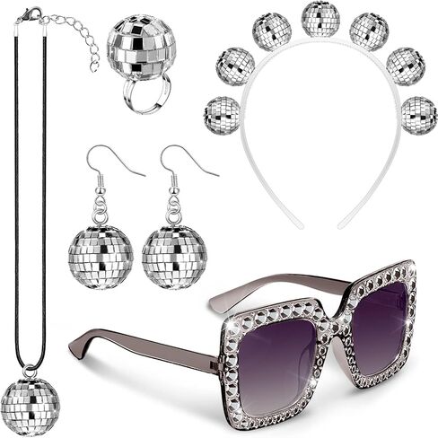 5 Pcs 1970s Disco Accessories Women Costume Disco Set Disco Ball Earrings Headband Ring and Sunglasses and Other Accessories (Fresh Style) in Kuwait