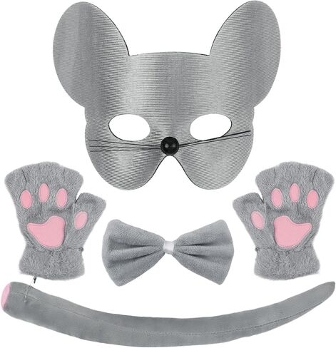 Exlinonline Mouse Ears Halloween Costume with Mask,Tie,Tail and Glove for Rat Mouse Costume Grey Pink for Adult Kids Cute in Saudi Arabia