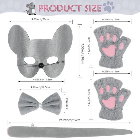 Exlinonline Mouse Ears Halloween Costume with Mask,Tie,Tail and Glove for Rat Mouse Costume Grey Pink for Adult Kids Cute in Saudi Arabia