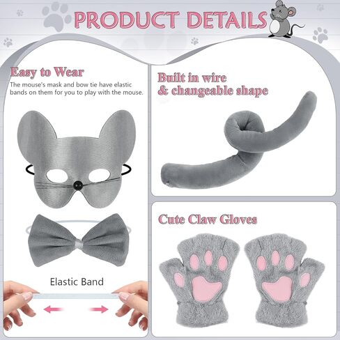Exlinonline Mouse Ears Halloween Costume with Mask,Tie,Tail and Glove for Rat Mouse Costume Grey Pink for Adult Kids Cute in Saudi Arabia