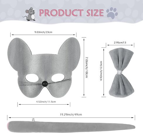 زي الهالوين بآذان الفأر من Exlinonline مع قناع وربطة عنق وذيل وقفاز لزي فأر الجرذ رمادي وردي للأطفال البالغين اللطيفين in Kuwait